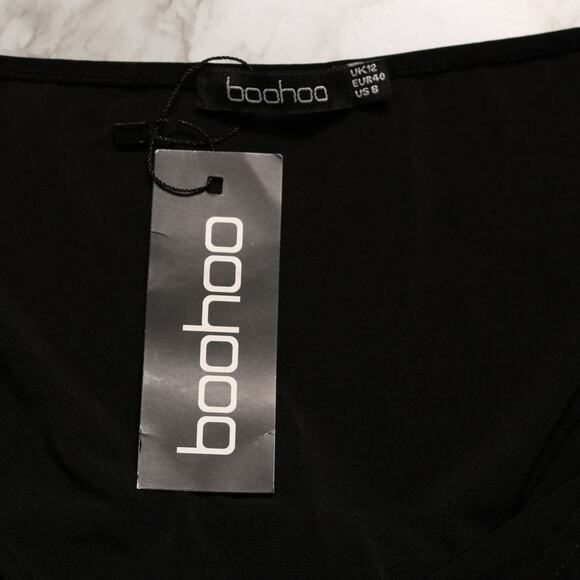 Boohoo Black Off Shoulder Short Sleeve Fitted Crop Top Stretch Size 8 - Picture 6 of 9